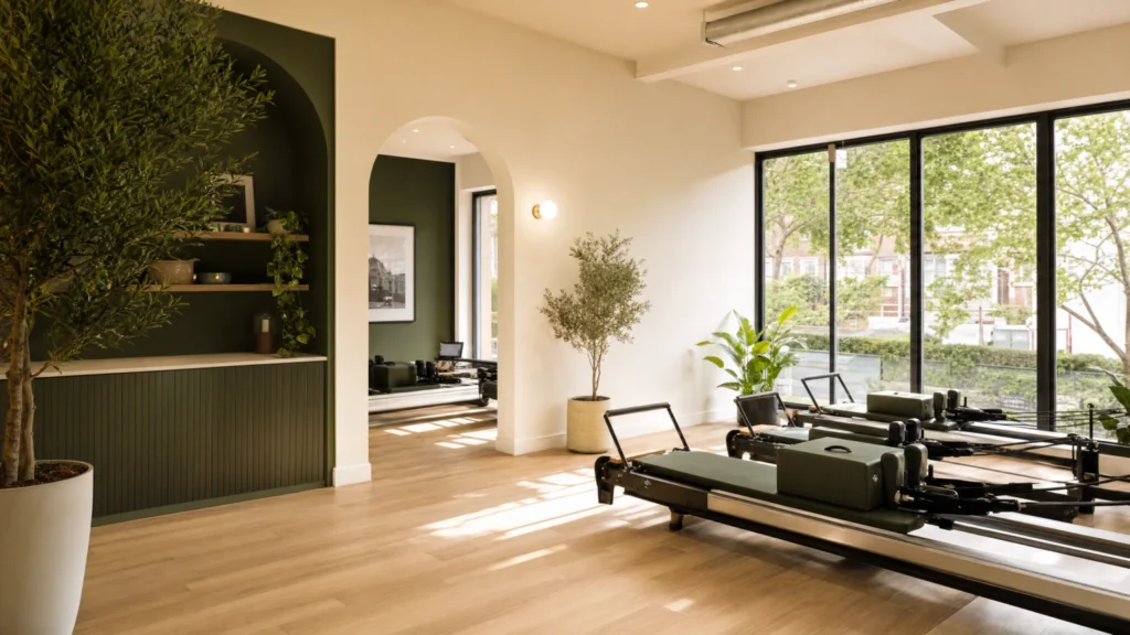 Bright modern Pilates reformer studio with large windows, green accents, and indoor plants.