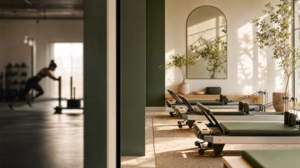 Sunlit modern Pilates reformer studio featuring green machines and an athlete training in the background.