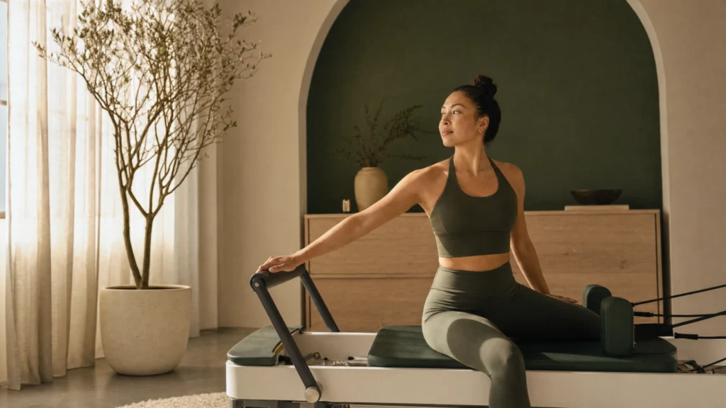 A woman in green activewear sitting on a Pilates reformer in a modern studio.