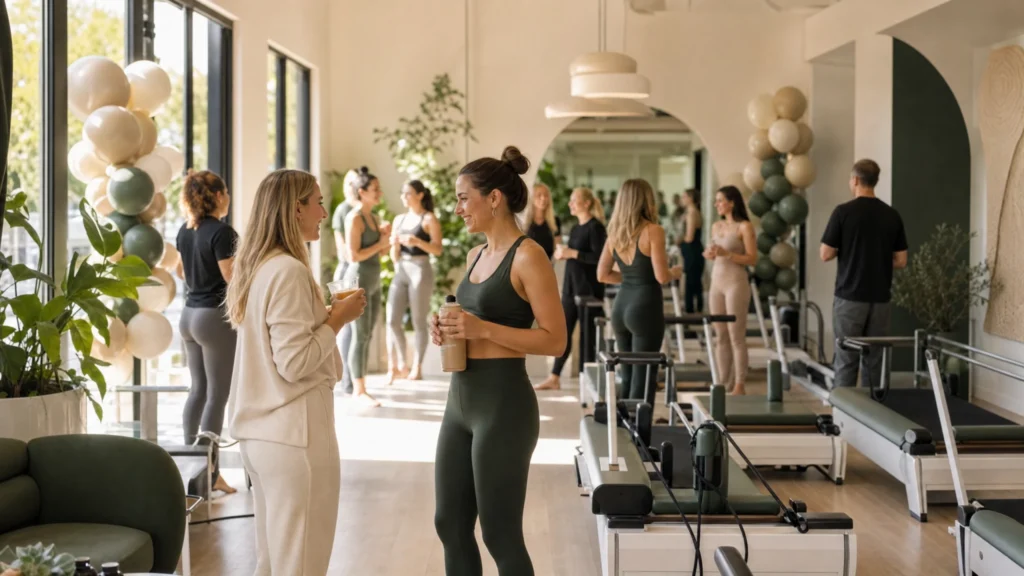 A group of people socializing with drinks at a modern CharisPilates studio community event.