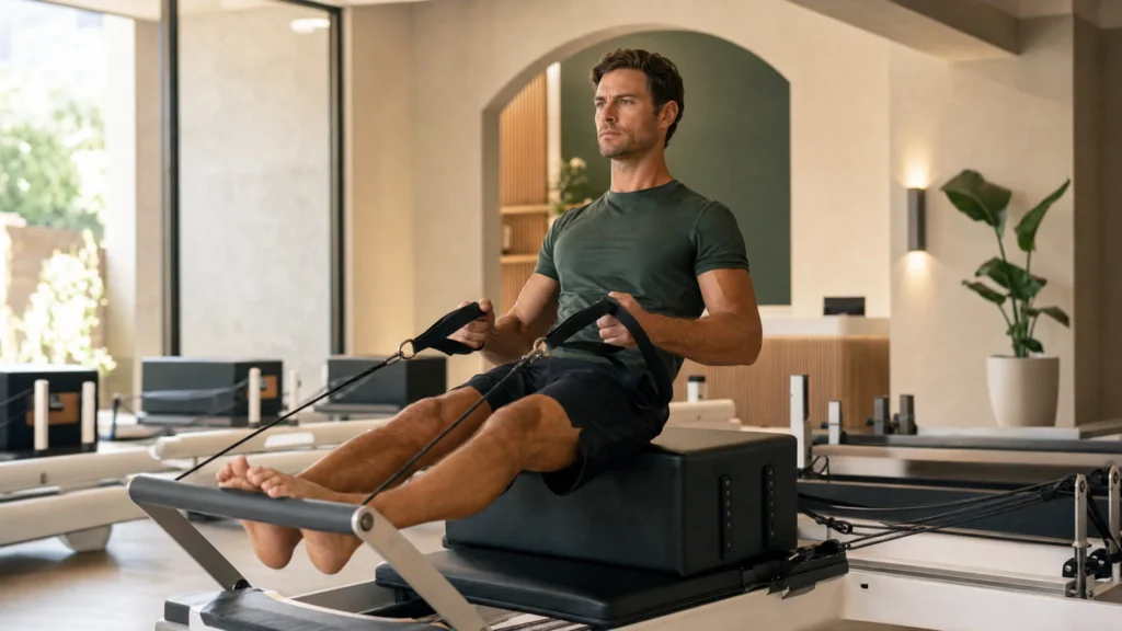 A man performs a seated row exercise on a Pilates reformer box in a studio.