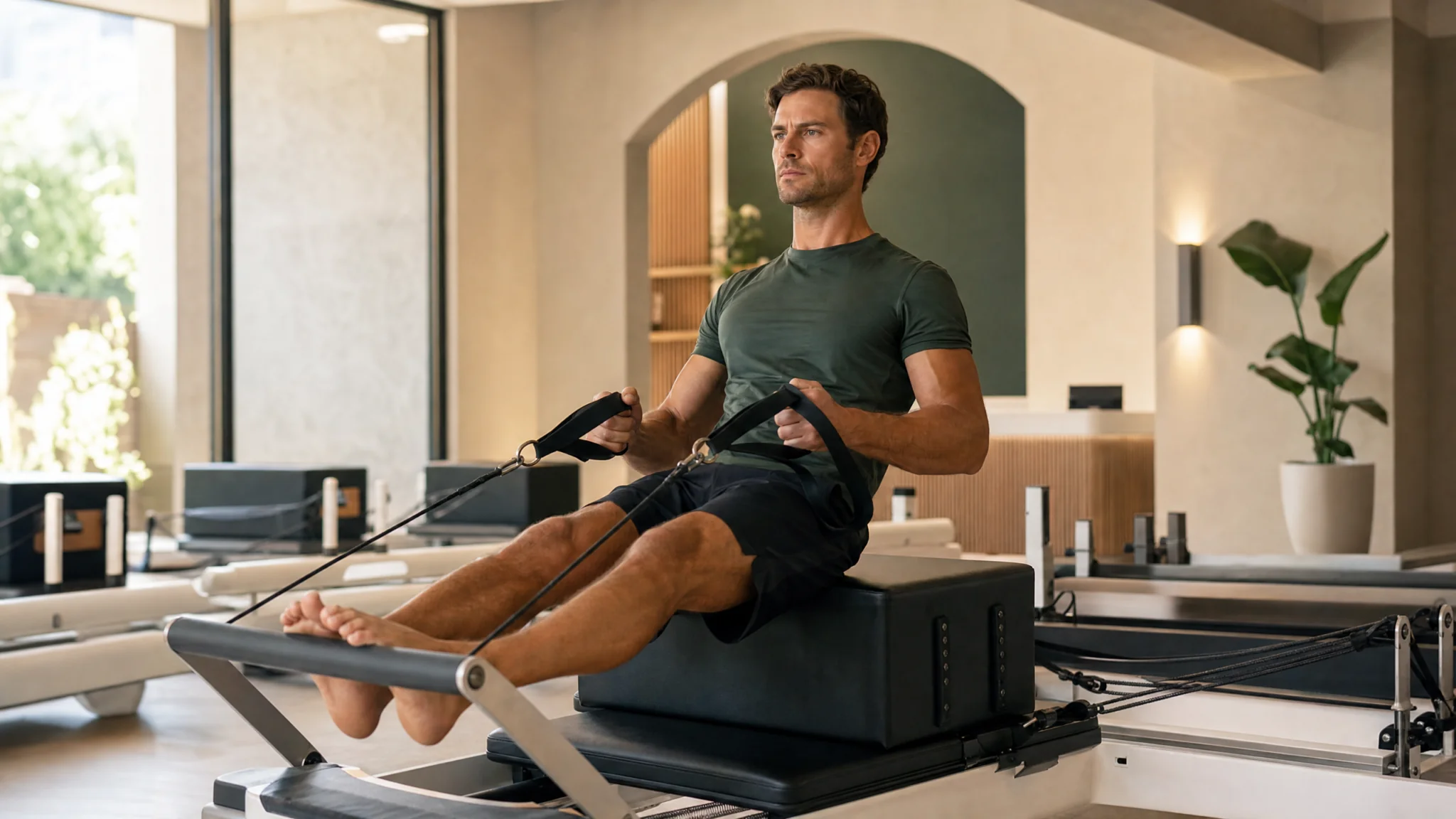 A man performs a seated row exercise on a Pilates reformer box in a studio.