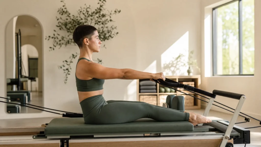 A woman in green activewear performs a seated strap pull on a Pilates reformer machine.