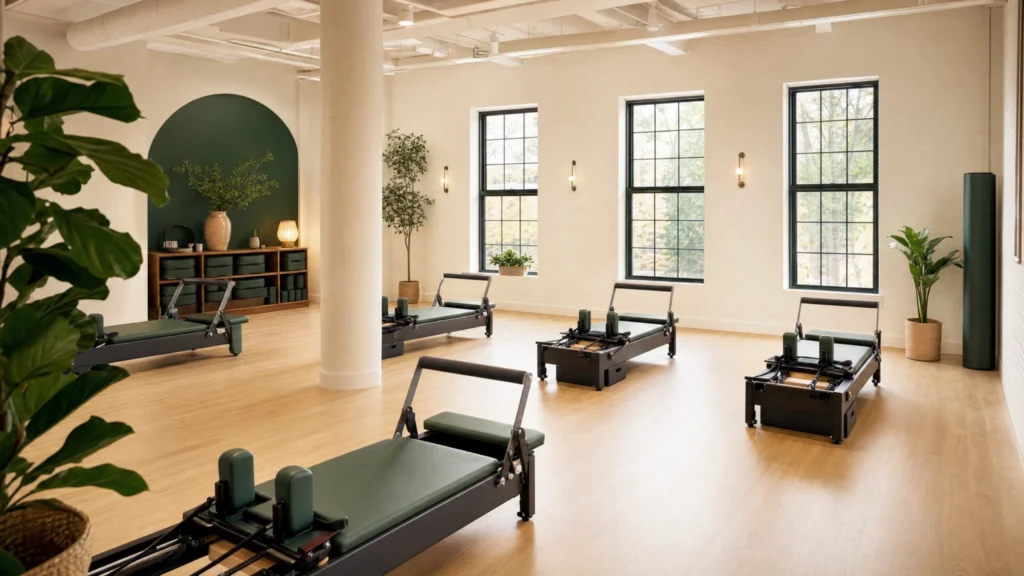 Bright, modern Pilates reformer studio with green machines, large windows, and hardwood floors.