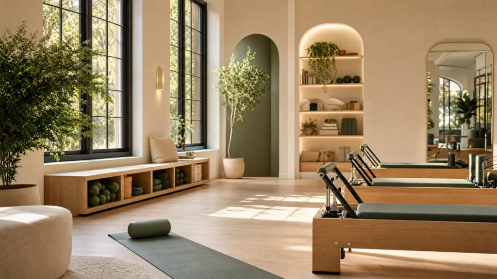 Sunlit boutique Pilates reformer studio featuring wooden machines, indoor plants, and large windows.