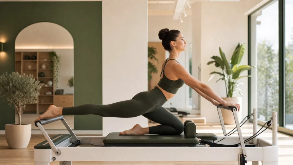 Woman in green activewear doing an advanced Pilates reformer stretch in a bright studio.